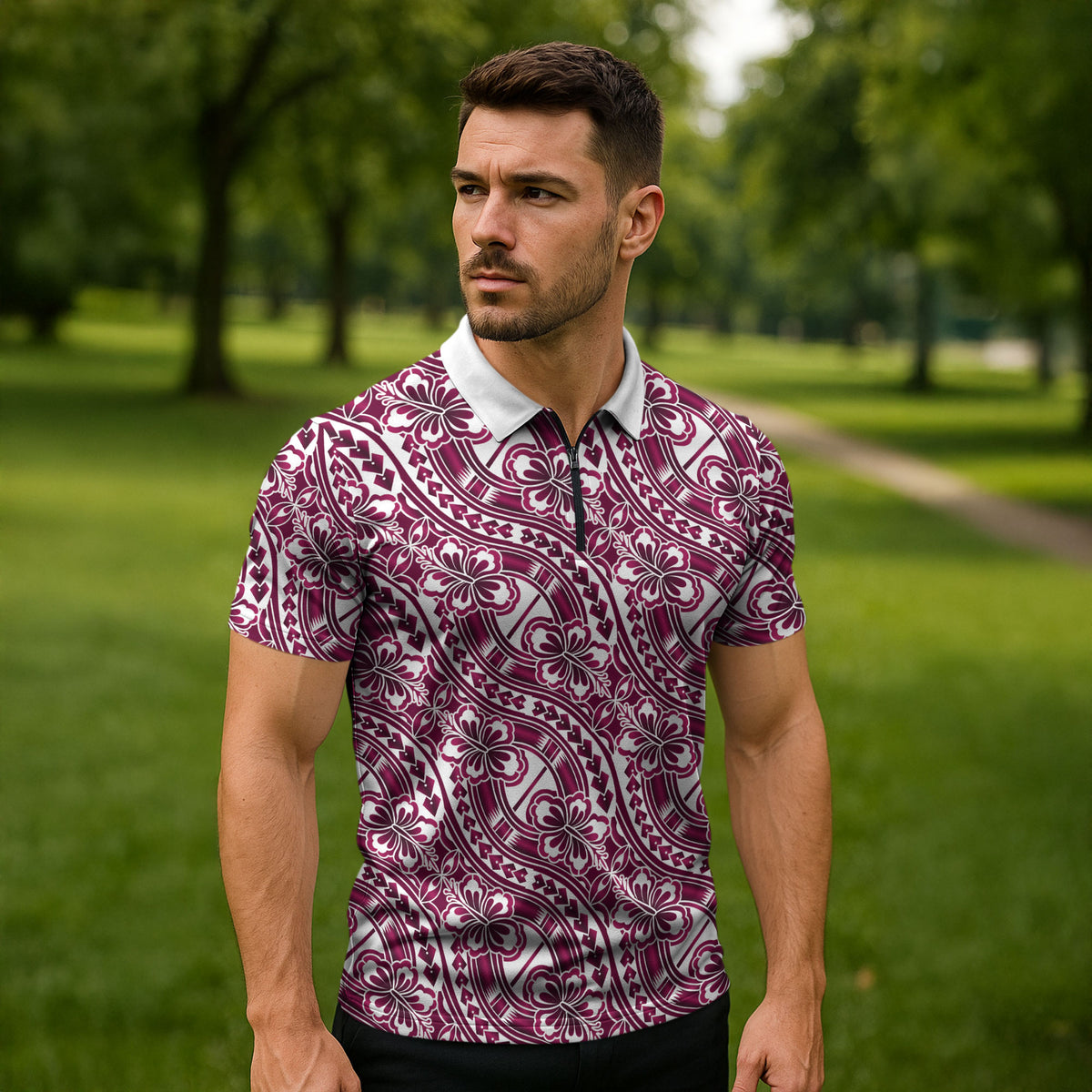 Hibiscus Bloom Island Tribal Waves Zipper Polo Shirt Pink Polynesian Pattern
