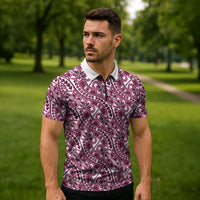 Hibiscus Bloom Island Tribal Waves Zipper Polo Shirt Pink Polynesian Pattern