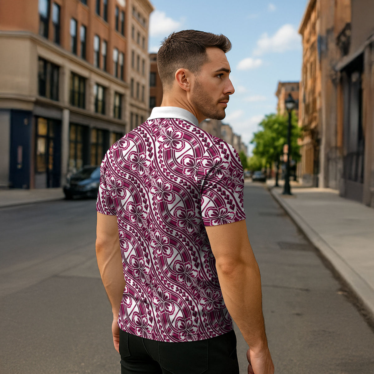 Hibiscus Bloom Island Tribal Waves Zipper Polo Shirt Pink Polynesian Pattern