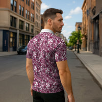 Hibiscus Bloom Island Tribal Waves Zipper Polo Shirt Pink Polynesian Pattern