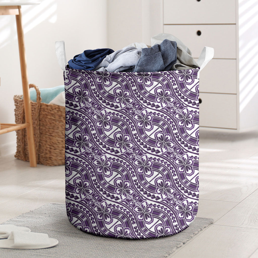 Hibiscus Bloom Island Tribal Waves Laundry Basket Purple Polynesian Pattern