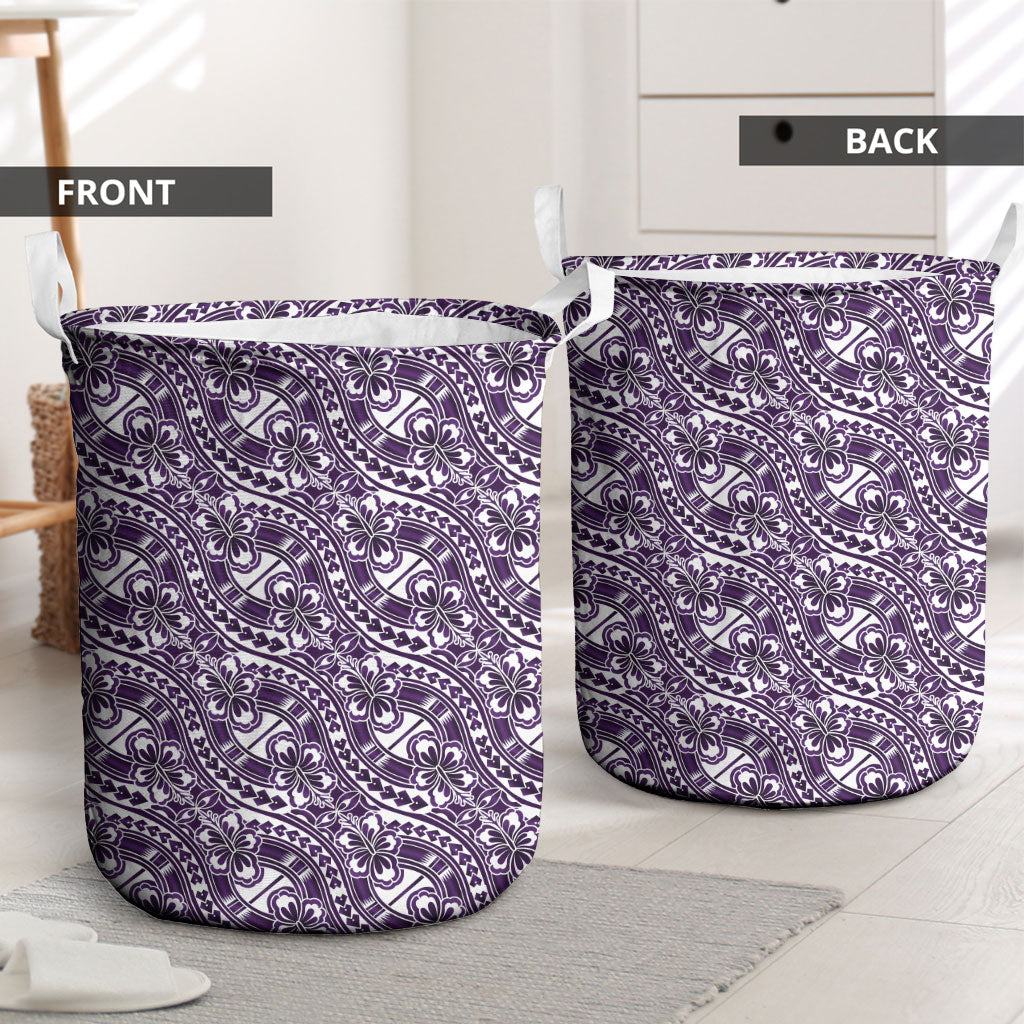 Hibiscus Bloom Island Tribal Waves Laundry Basket Purple Polynesian Pattern