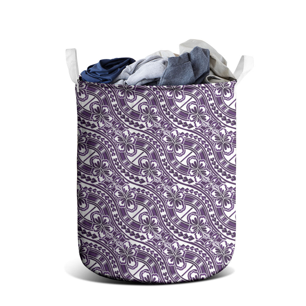 Hibiscus Bloom Island Tribal Waves Laundry Basket Purple Polynesian Pattern