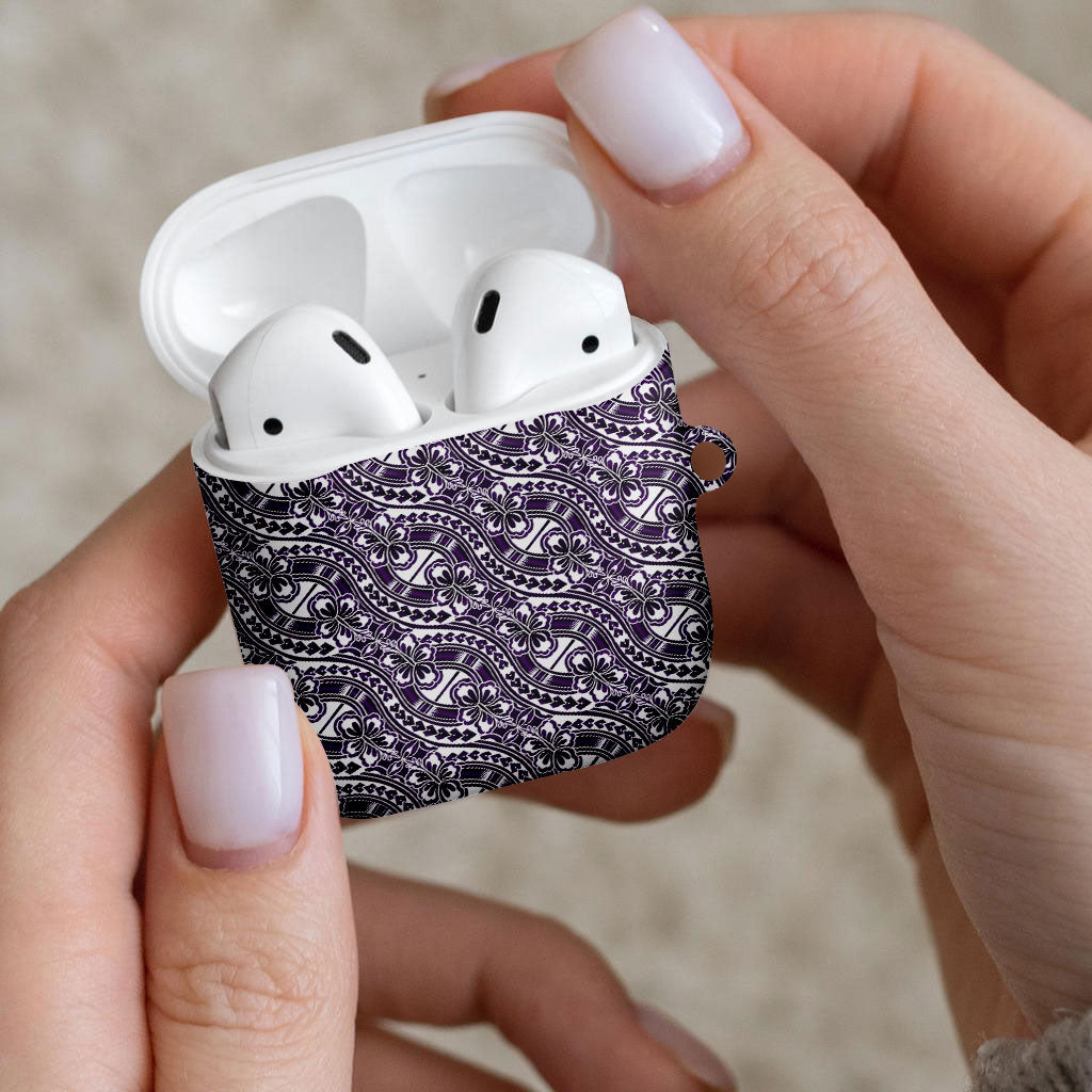 Hibiscus Bloom Island Tribal Waves AirPods Case Purple Polynesian Pattern