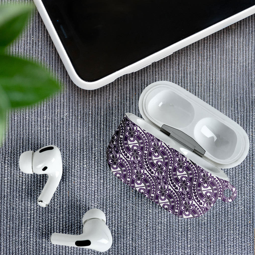 Hibiscus Bloom Island Tribal Waves AirPods Case Purple Polynesian Pattern