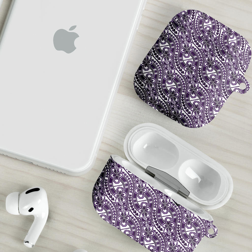 Hibiscus Bloom Island Tribal Waves AirPods Case Purple Polynesian Pattern