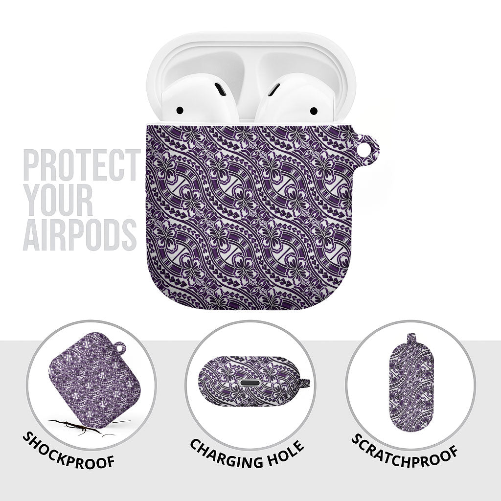 Hibiscus Bloom Island Tribal Waves AirPods Case Purple Polynesian Pattern