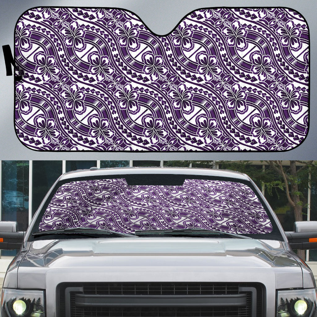 Hibiscus Bloom Island Tribal Waves Auto Sun Shade Purple Polynesian Pattern