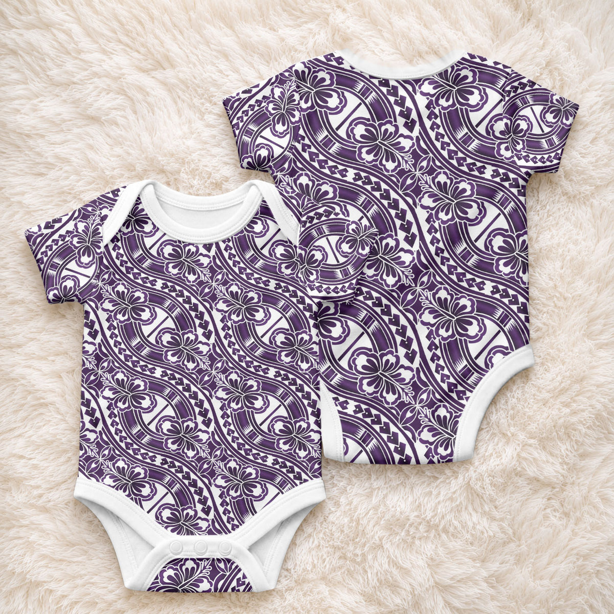 Hibiscus Bloom Island Tribal Waves Baby Onesie Purple Polynesian Pattern