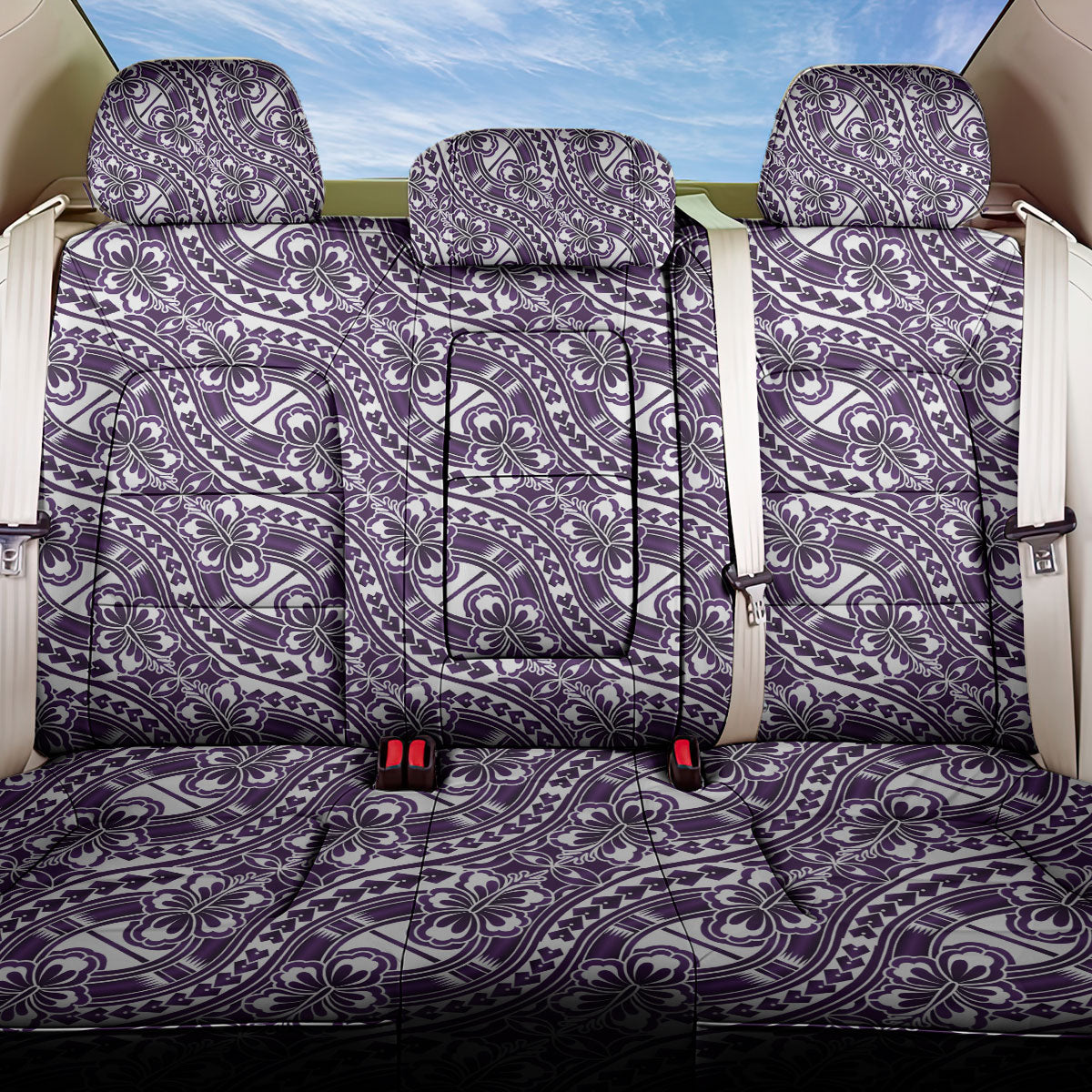 Hibiscus Bloom Island Tribal Waves Back Car Seat Cover Purple Polynesian Pattern