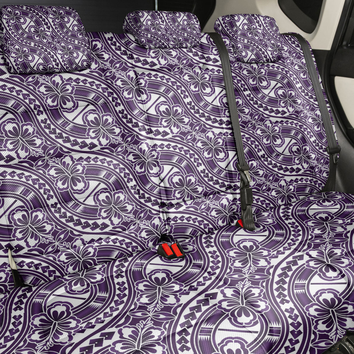 Hibiscus Bloom Island Tribal Waves Back Car Seat Cover Purple Polynesian Pattern