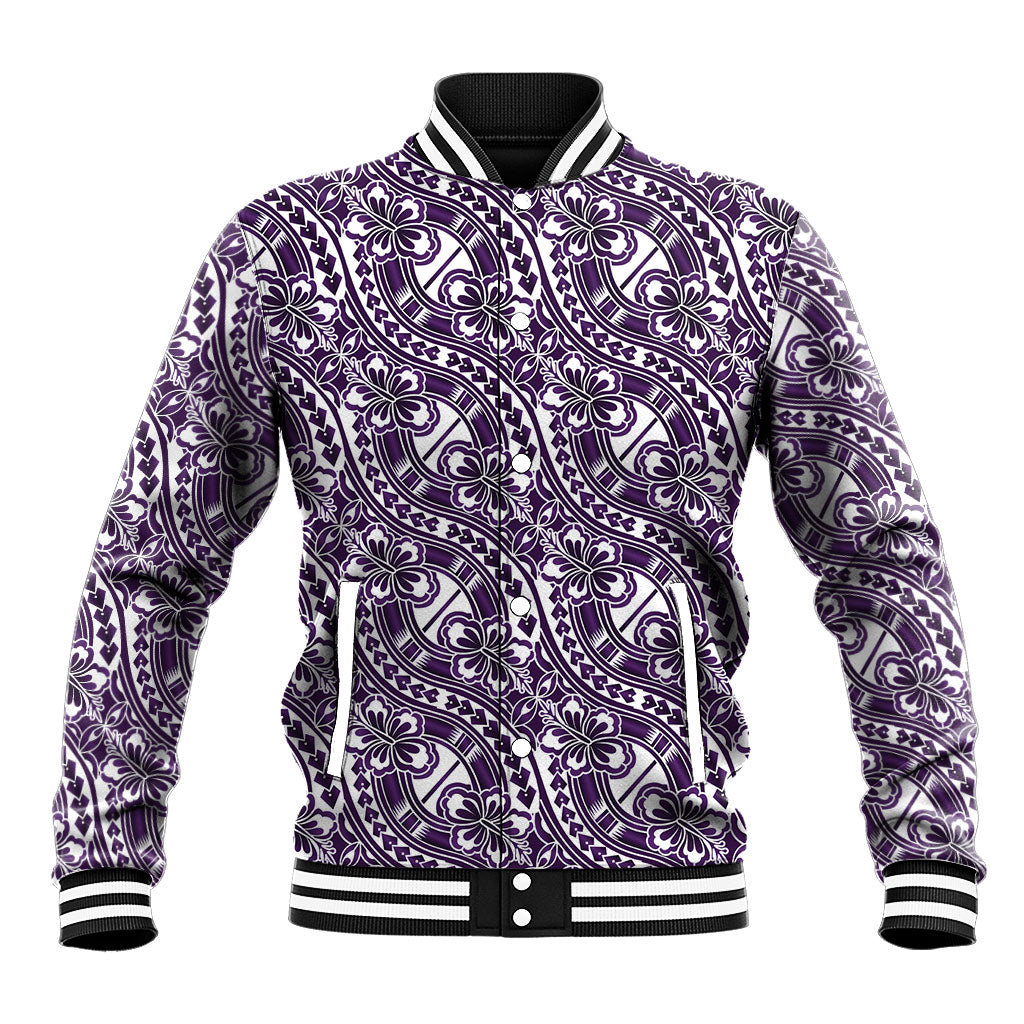 Hibiscus Bloom Island Tribal Waves Baseball Jacket Purple Polynesian Pattern