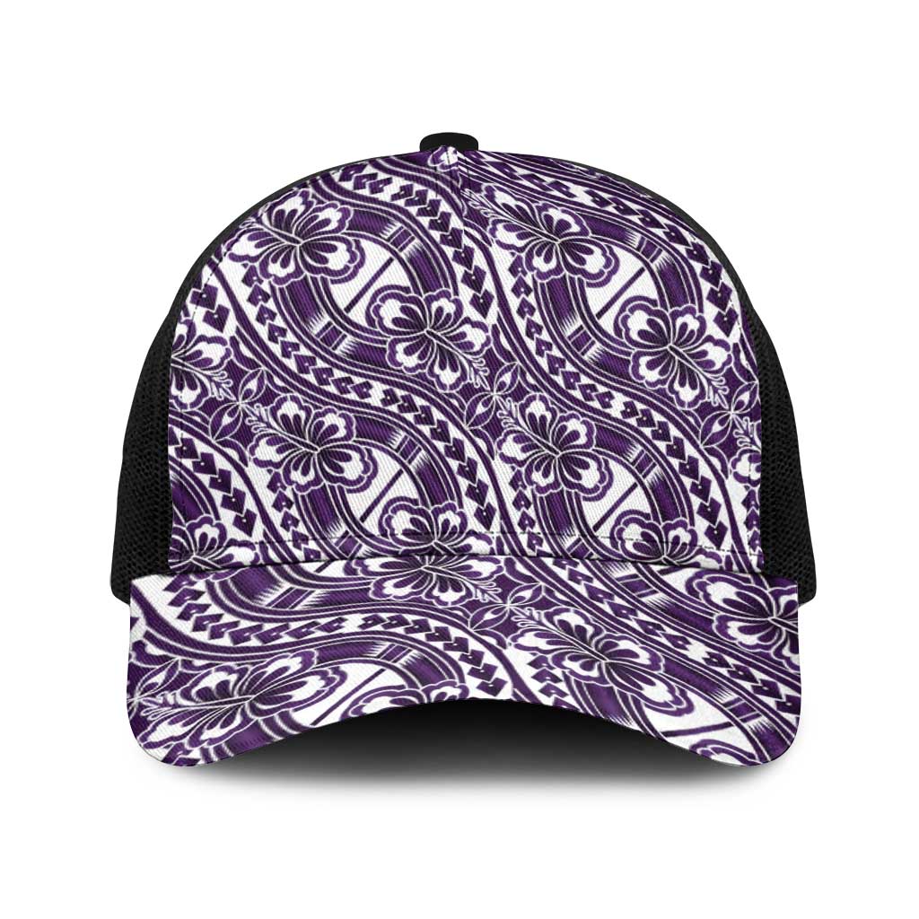 Hibiscus Bloom Island Tribal Waves Baseball Net Cap Purple Polynesian Pattern