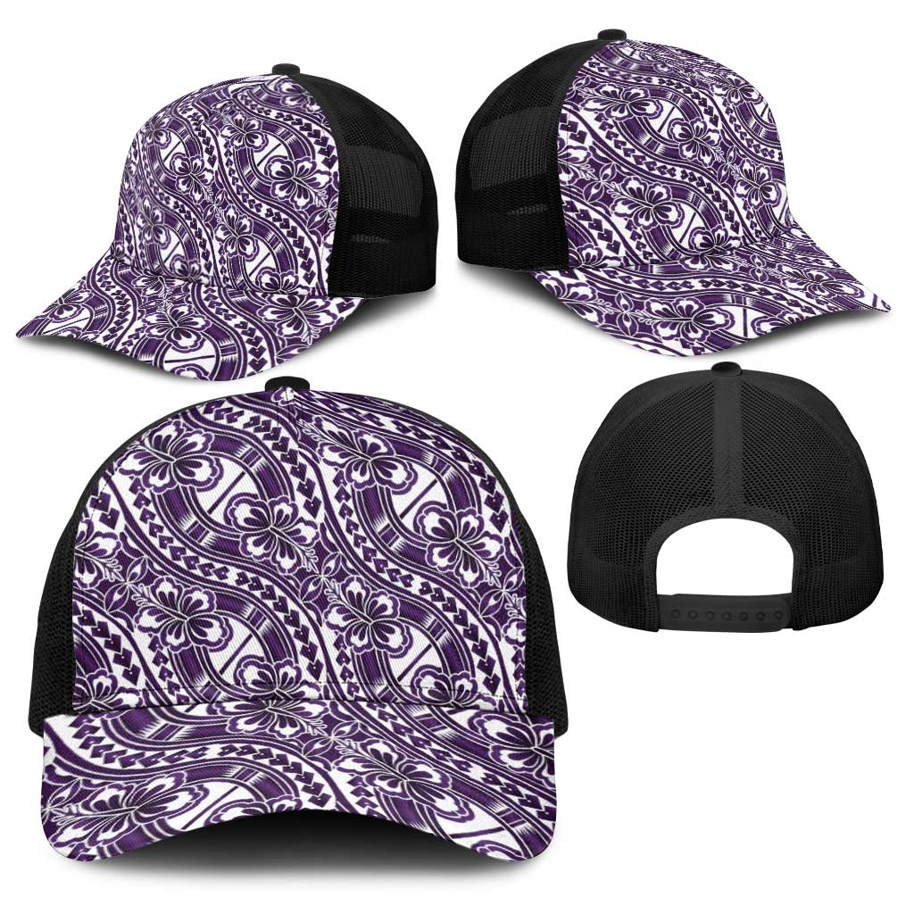 Hibiscus Bloom Island Tribal Waves Baseball Net Cap Purple Polynesian Pattern