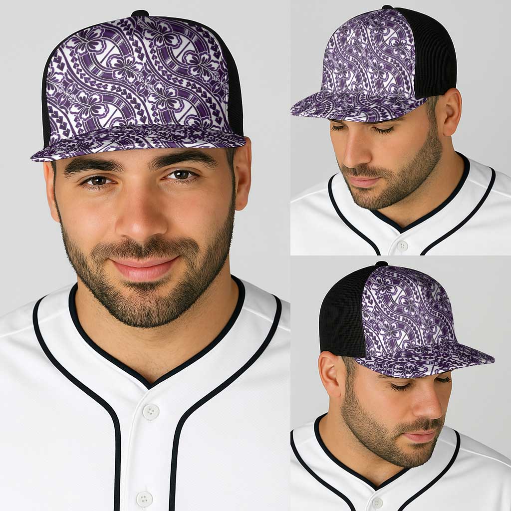Hibiscus Bloom Island Tribal Waves Baseball Net Cap Purple Polynesian Pattern