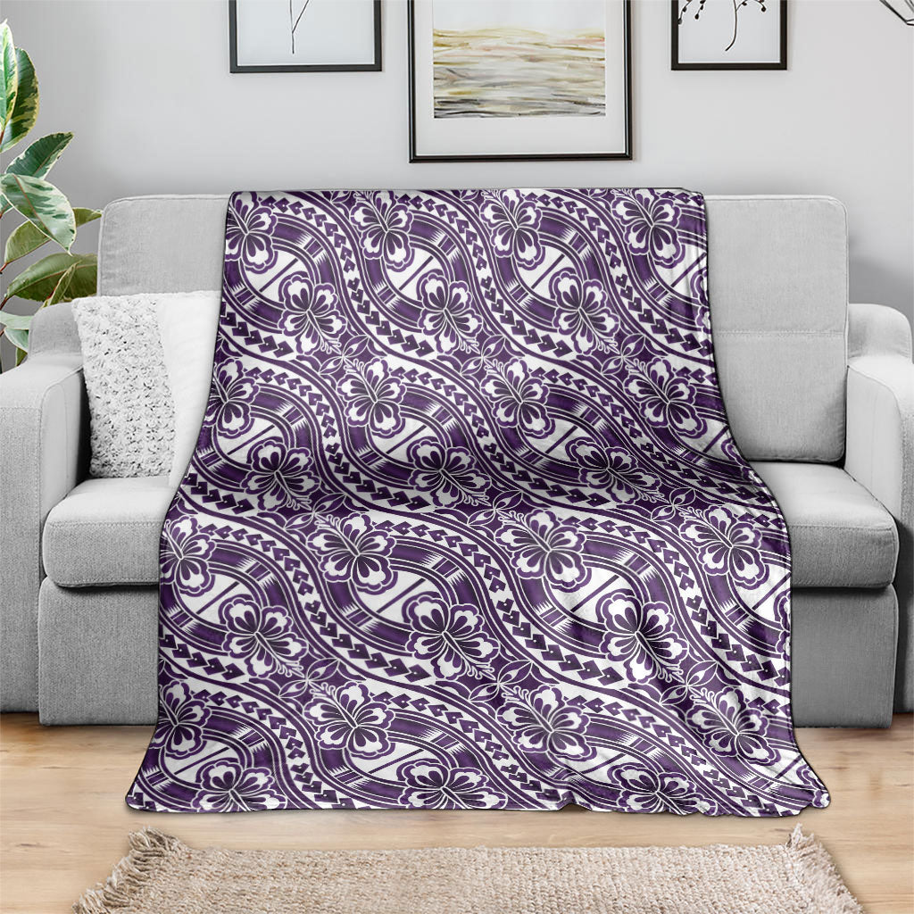 Hibiscus Bloom Island Tribal Waves Blanket Purple Polynesian Pattern