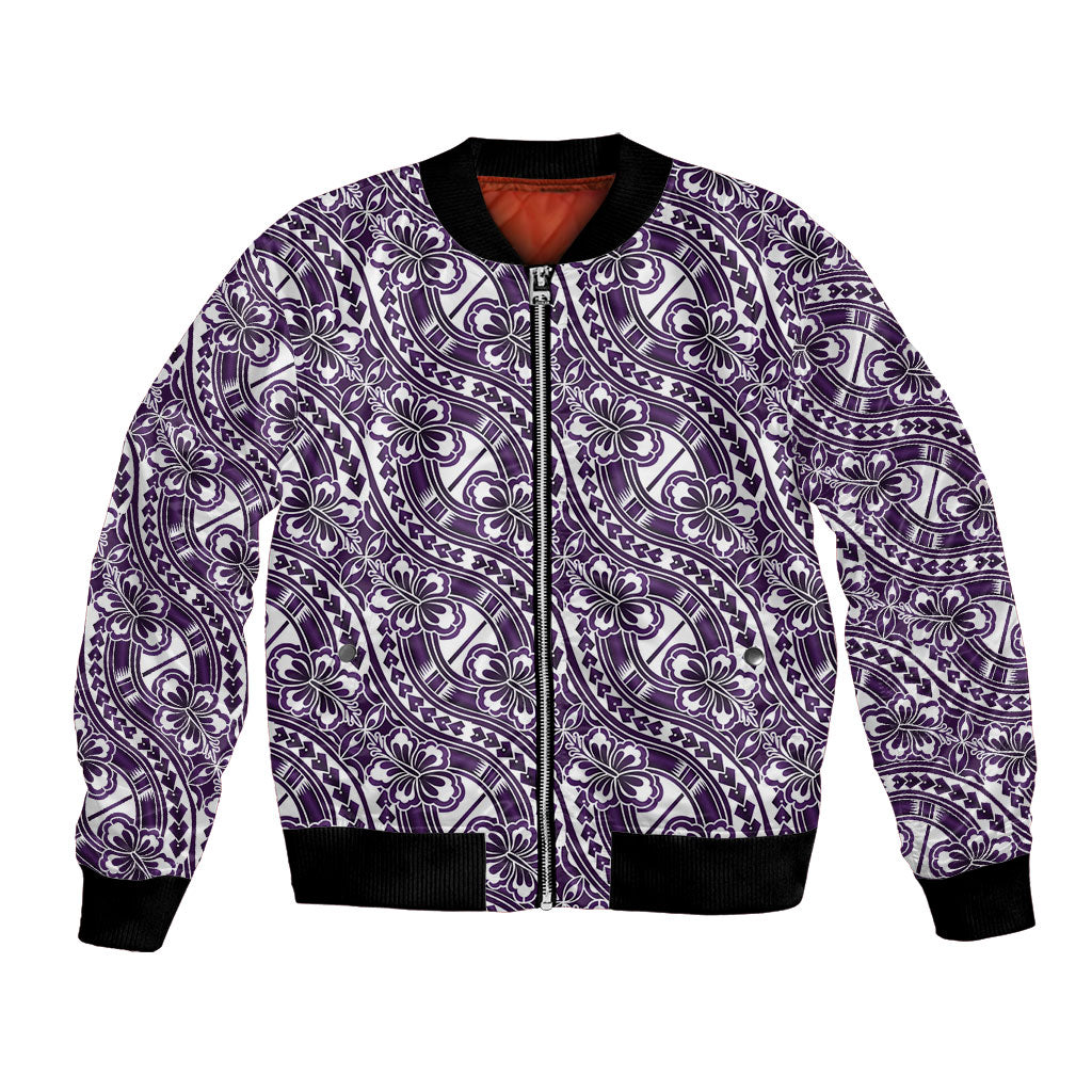 Hibiscus Bloom Island Tribal Waves Bomber Jacket Purple Polynesian Pattern