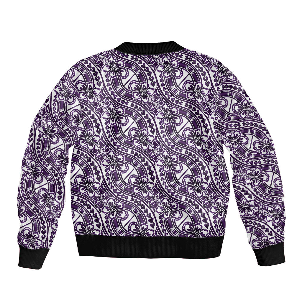 Hibiscus Bloom Island Tribal Waves Bomber Jacket Purple Polynesian Pattern