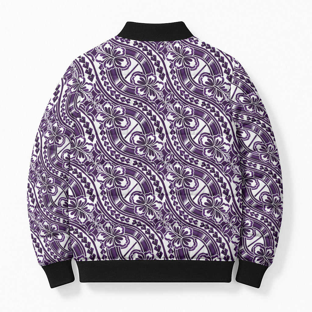 Hibiscus Bloom Island Tribal Waves Bomber Puffer Jacket Purple Polynesian Pattern