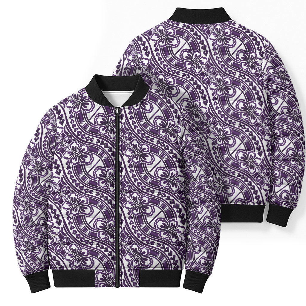 Hibiscus Bloom Island Tribal Waves Bomber Puffer Jacket Purple Polynesian Pattern