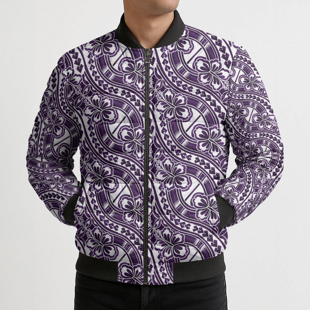Hibiscus Bloom Island Tribal Waves Bomber Puffer Jacket Purple Polynesian Pattern