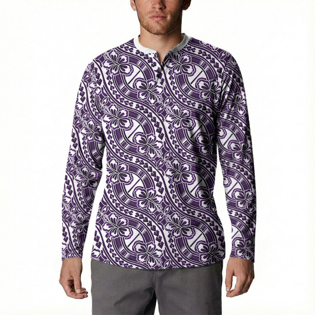 Hibiscus Bloom Island Tribal Waves Button Sweatshirt Purple Polynesian Pattern