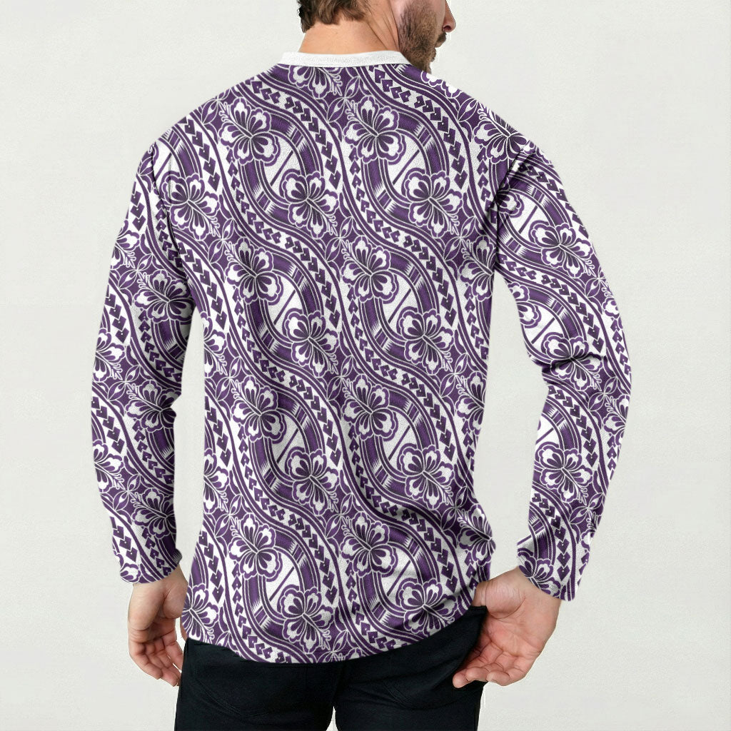 Hibiscus Bloom Island Tribal Waves Button Sweatshirt Purple Polynesian Pattern