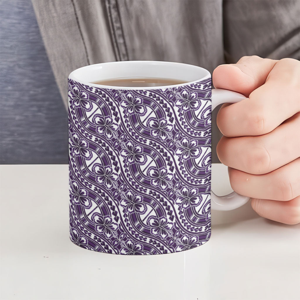 Hibiscus Bloom Island Tribal Waves Ceramic Mug Purple Polynesian Pattern