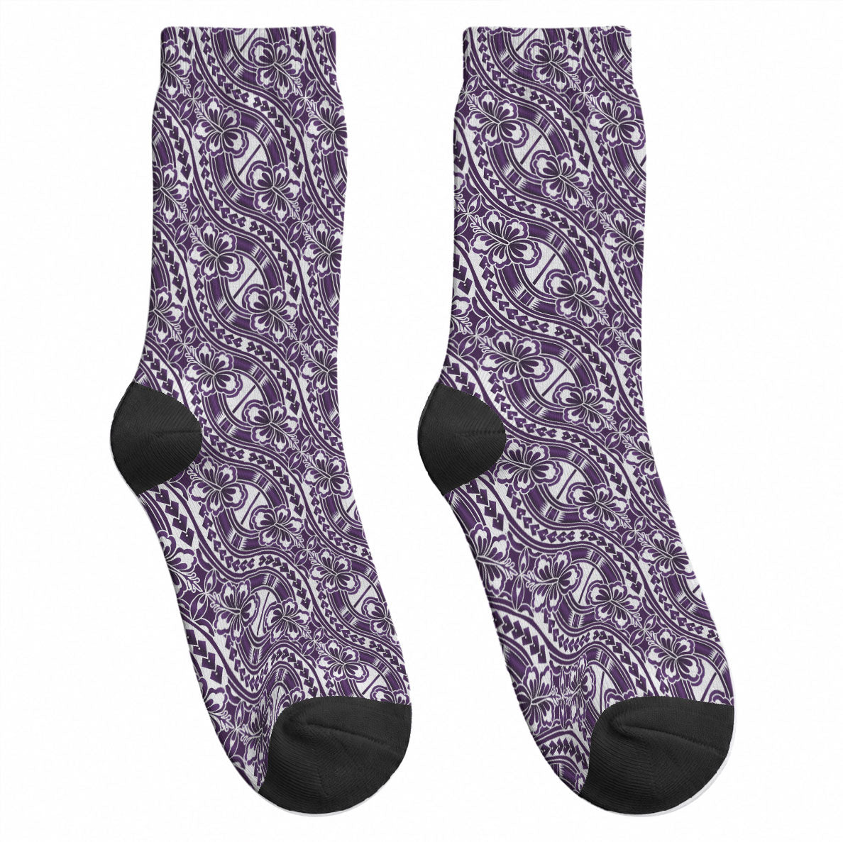 Hibiscus Bloom Island Tribal Waves Crew Socks Purple Polynesian Pattern