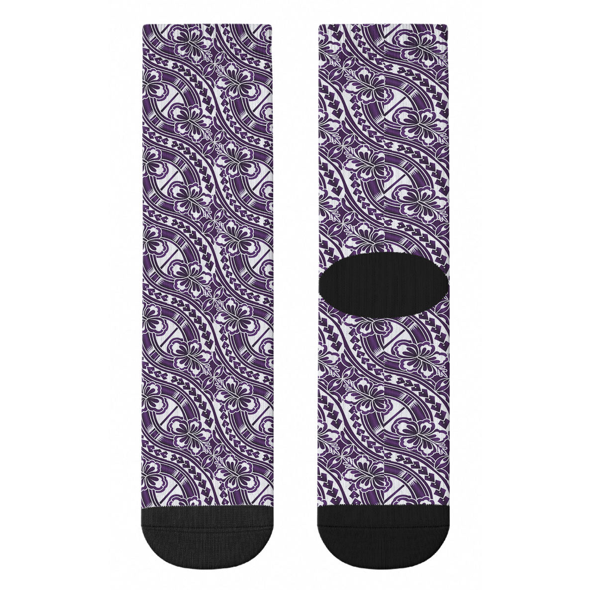Hibiscus Bloom Island Tribal Waves Crew Socks Purple Polynesian Pattern