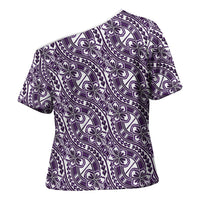 Hibiscus Bloom Island Tribal Waves Cross Shoulder Shirt Purple Polynesian Pattern
