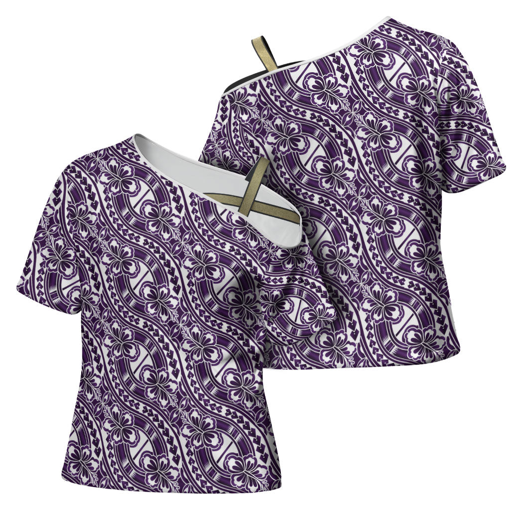 Hibiscus Bloom Island Tribal Waves Cross Shoulder Shirt Purple Polynesian Pattern