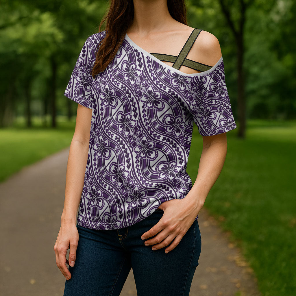 Hibiscus Bloom Island Tribal Waves Cross Shoulder Shirt Purple Polynesian Pattern