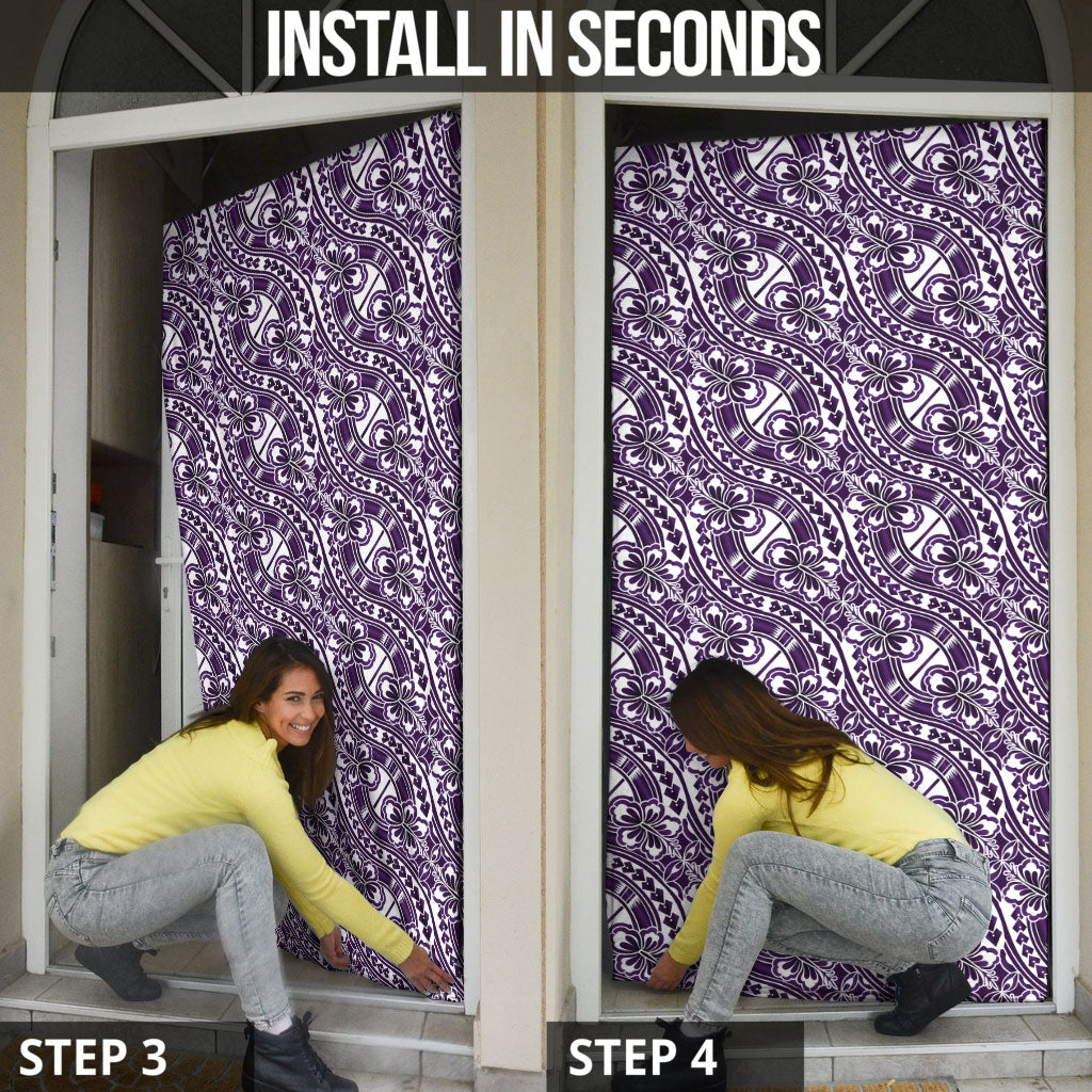 Hibiscus Bloom Island Tribal Waves Door Cover Purple Polynesian Pattern