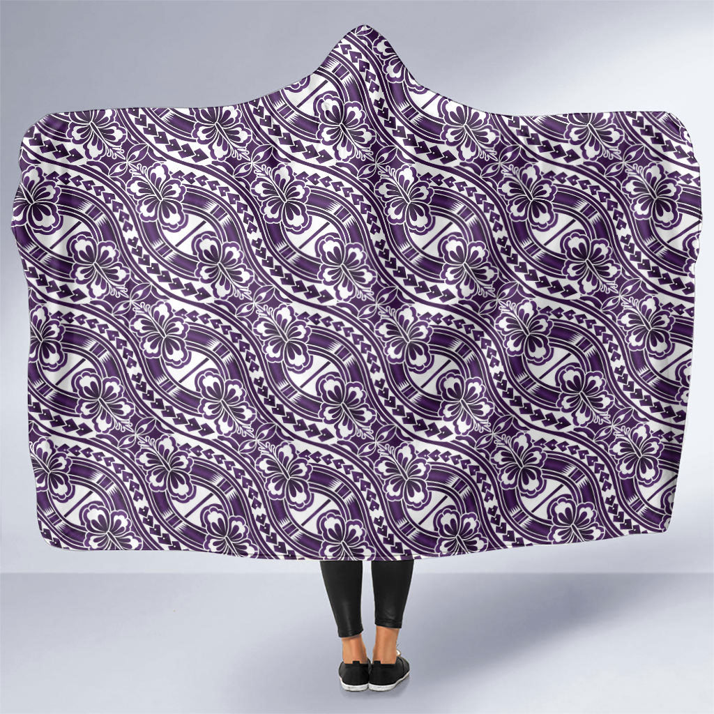 Hibiscus Bloom Island Tribal Waves Hooded Blanket Purple Polynesian Pattern