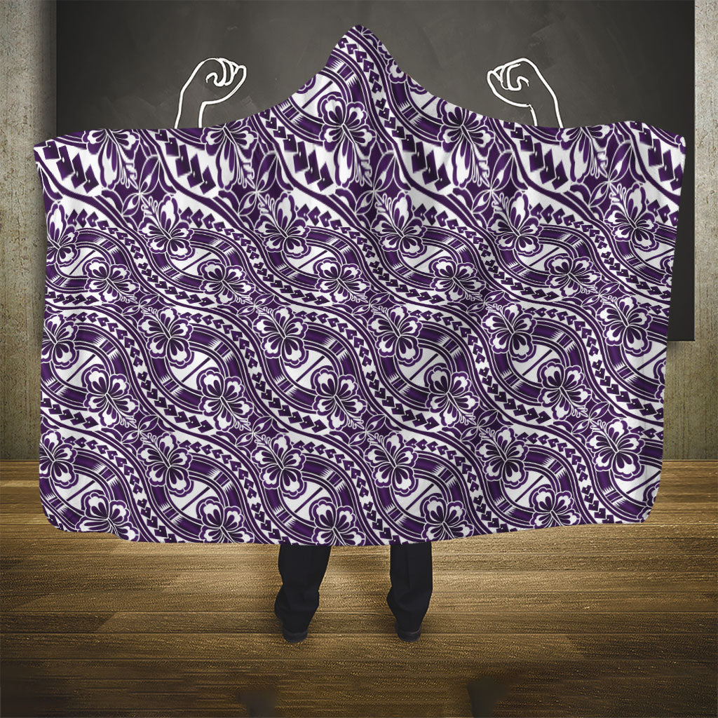 Hibiscus Bloom Island Tribal Waves Hooded Blanket Purple Polynesian Pattern
