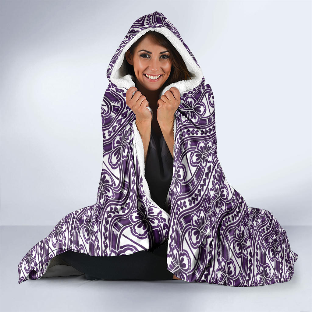 Hibiscus Bloom Island Tribal Waves Hooded Blanket Purple Polynesian Pattern