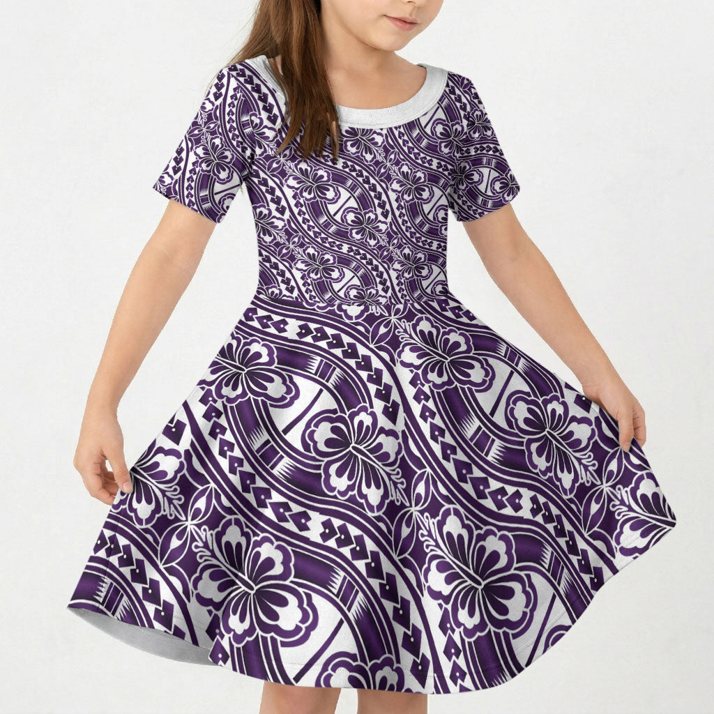 Hibiscus Bloom Island Tribal Waves Kid Short Sleeve Dress Purple Polynesian Pattern LT01 KID Purple - Polynesian Pride