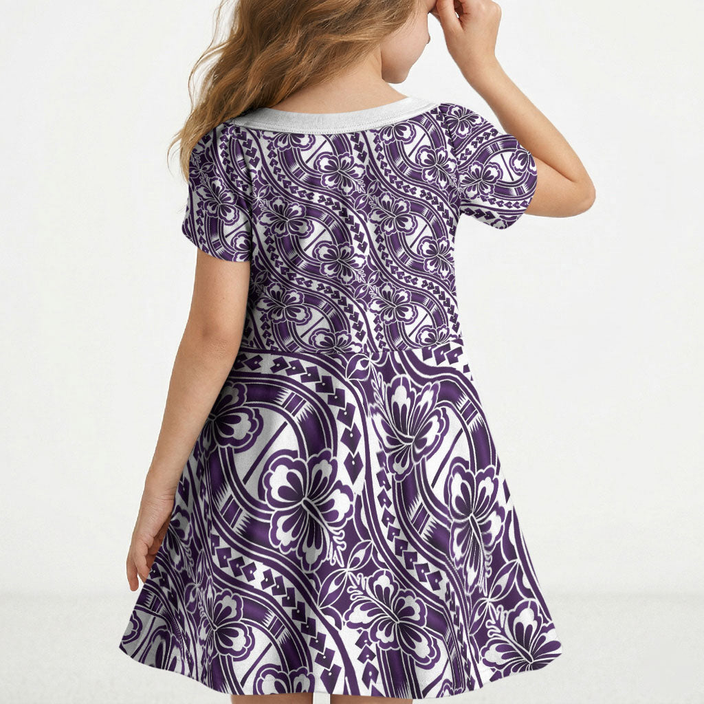 Hibiscus Bloom Island Tribal Waves Kid Short Sleeve Dress Purple Polynesian Pattern LT01 - Polynesian Pride