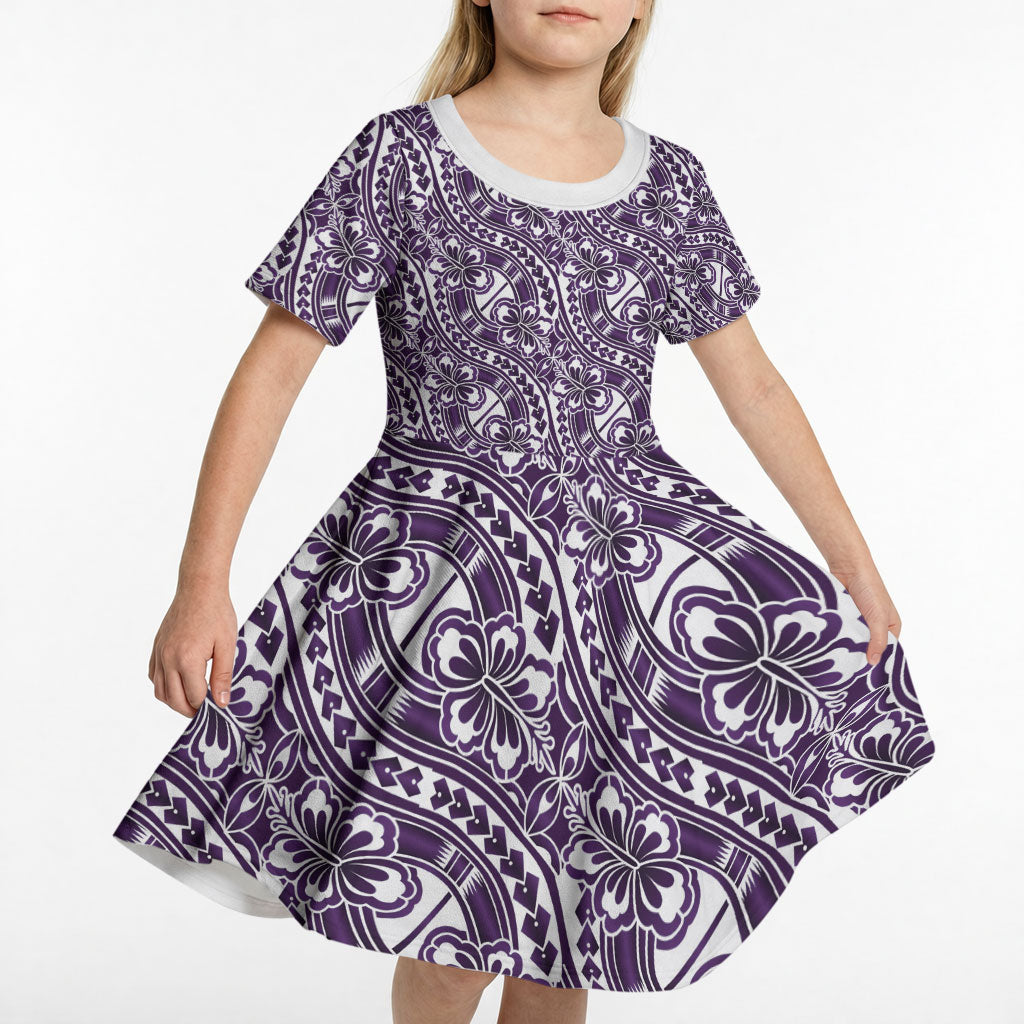 Hibiscus Bloom Island Tribal Waves Kid Short Sleeve Dress Purple Polynesian Pattern LT01 - Polynesian Pride