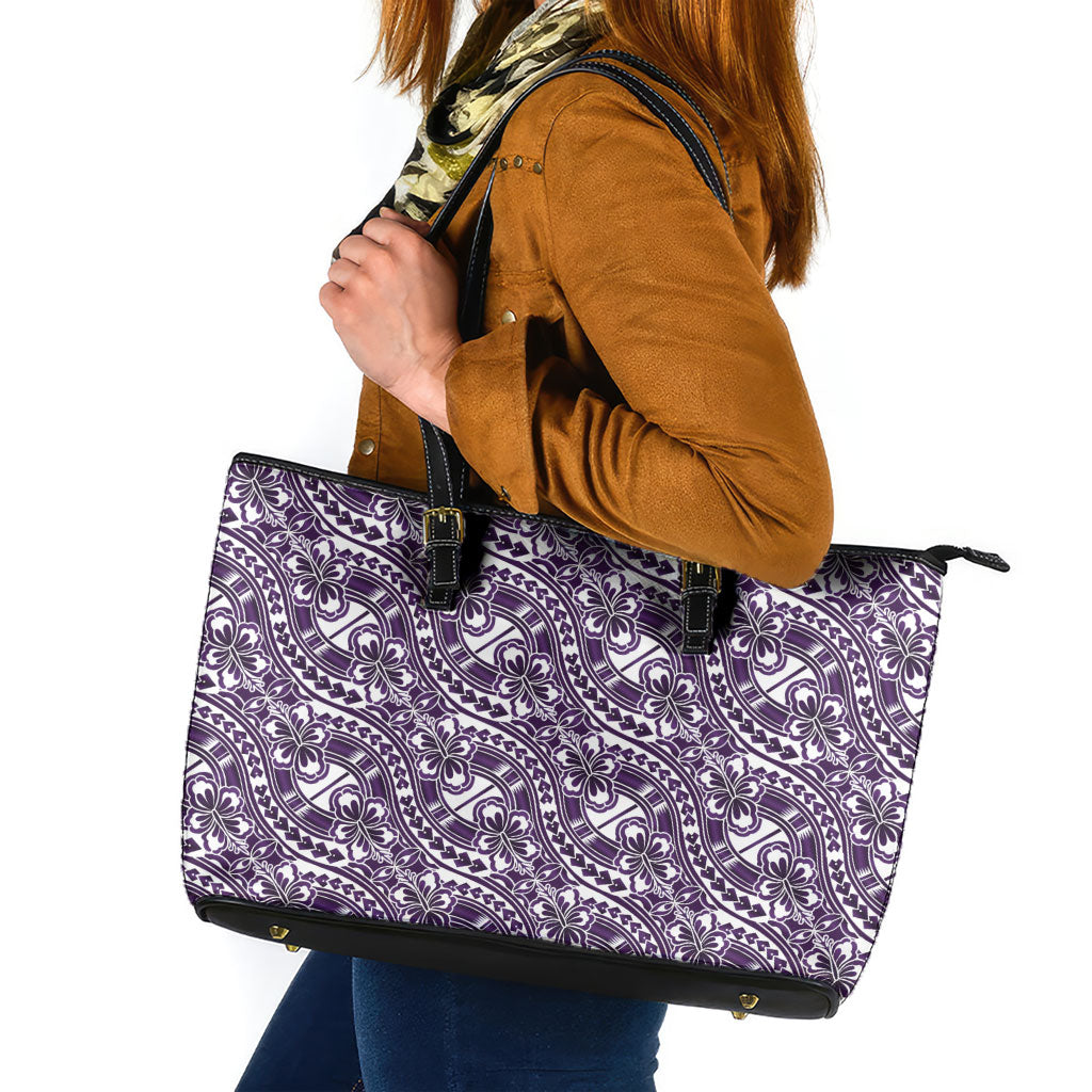 Hibiscus Bloom Island Tribal Waves Leather Tote Bag Purple Polynesian Pattern