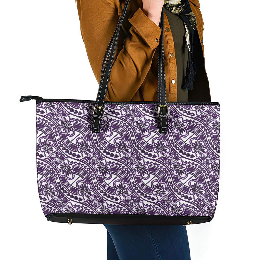 Hibiscus Bloom Island Tribal Waves Leather Tote Bag Purple Polynesian Pattern