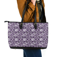 Hibiscus Bloom Island Tribal Waves Leather Tote Bag Purple Polynesian Pattern