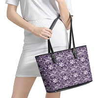 Hibiscus Bloom Island Tribal Waves Leather Tote Bag Purple Polynesian Pattern