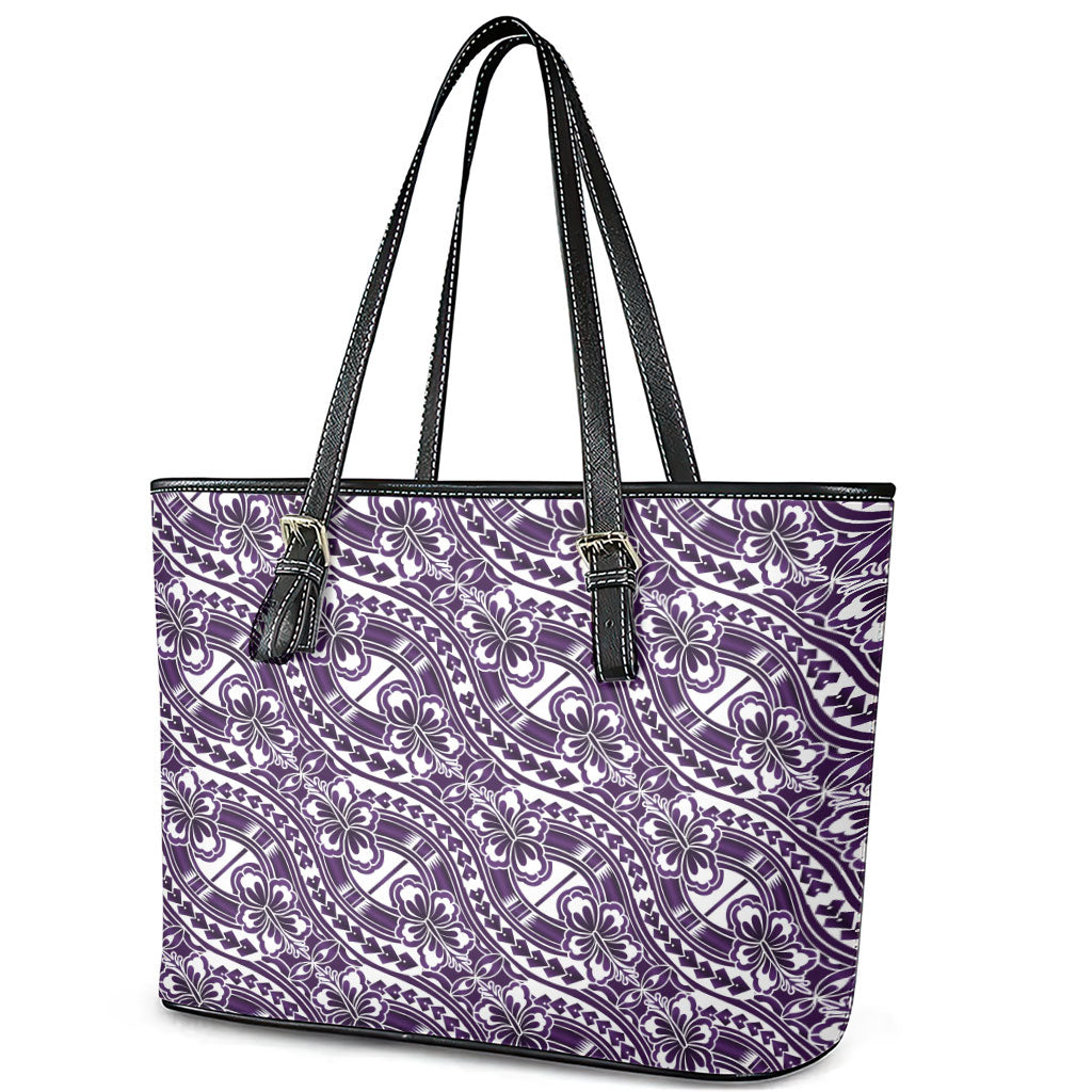Hibiscus Bloom Island Tribal Waves Leather Tote Bag Purple Polynesian Pattern
