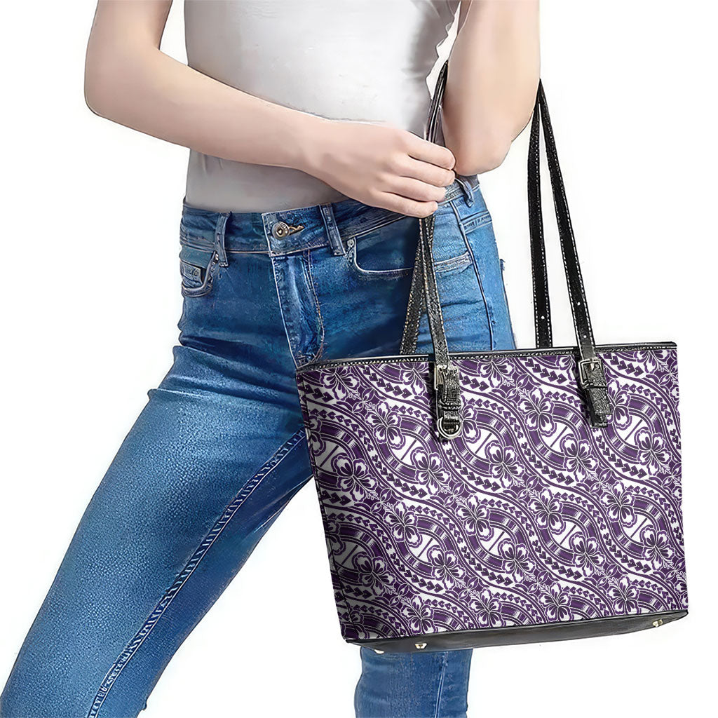 Hibiscus Bloom Island Tribal Waves Leather Tote Bag Purple Polynesian Pattern