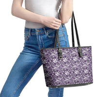 Hibiscus Bloom Island Tribal Waves Leather Tote Bag Purple Polynesian Pattern