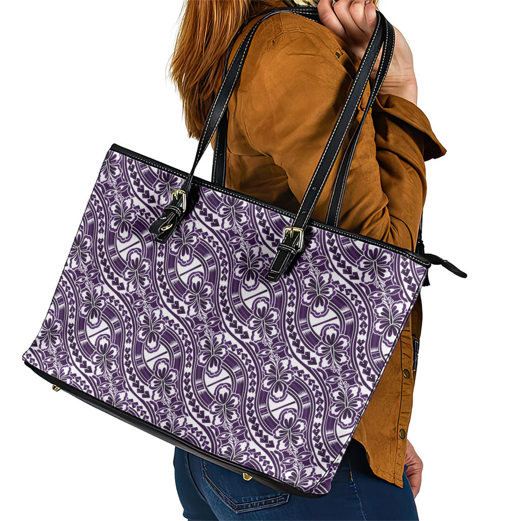 Hibiscus Bloom Island Tribal Waves Leather Tote Bag Purple Polynesian Pattern
