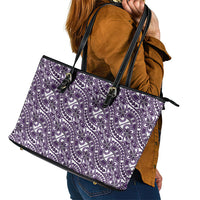 Hibiscus Bloom Island Tribal Waves Leather Tote Bag Purple Polynesian Pattern