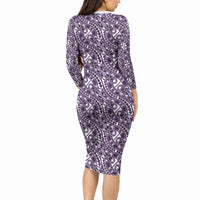 Hibiscus Bloom Island Tribal Waves Long Sleeve Bodycon Dress Purple Polynesian Pattern LT01 - Polynesian Pride